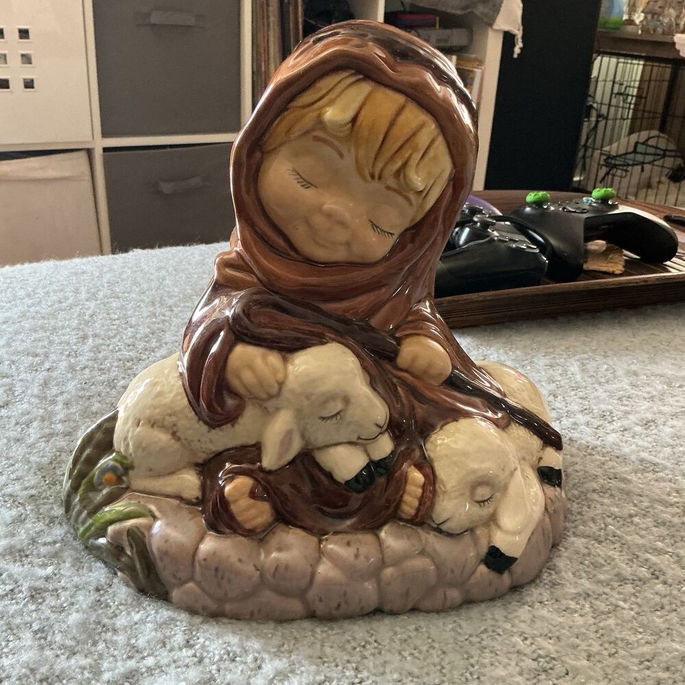 Vintage Large Ceramic Shepherd with Lambs Figurine Religious Farmhouse 9in